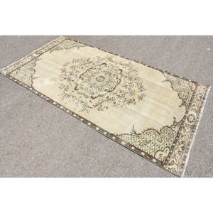 Alfombra de lana turca Vintage, alfombra de área de 4 'x 8', beige clásico con respaldo de látex de retazos, diseño de pasillo rectangular para cabecera - Product Image 4