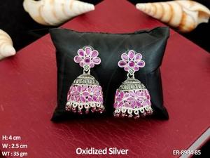 Beautiful Oxidized Silver <b>Long</b> Jhumka <b>Earrings</b> Designer Flower Fancy Style Perfect for Parties and Special Occasions - Product Image 3