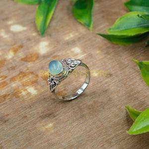 แหวนเงินแท้ 925 ประดับพลอยบลูแคลซิโดนี |   แหวนดีไซน์เนอร์วินเทจทำมือ |   เครื่องประดับเงินขายส่ง - Product Image 5
