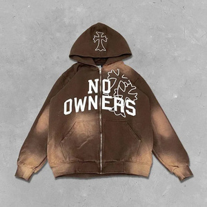 Sweat à capuche zippé surdimensionné pour hommes, poids lourd 100% coton, fermeture éclair carrée personnalisée, imprimé vieilli y2k - Product Image 1