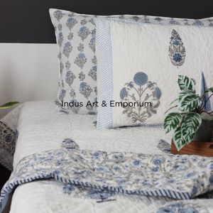 Blue Cyperus Hand Block Printed Cotton Bedspreads Cotton <b>Quilted</b> Bedcover - Product Image 1