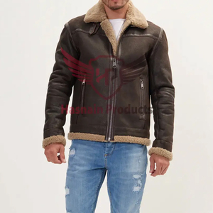 Chaqueta de Cuero Marrón Auténtico para Hombre, con Cuello de Piel de Oveja, Bolsillos con Cremallera, Chaqueta de Aviador B3, Abrigo Grueso y Cálido para Invierno, Personalizable - Product Image 5