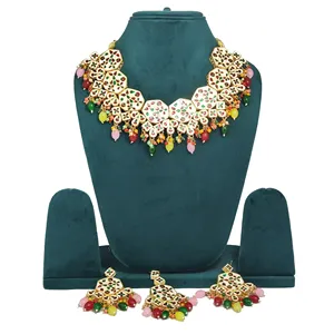 Ensemble de colliers en acier inoxydable à double couche multicolores Meenakari Kundan, bijoux fins vintage avec perle pour les mariages et les cadeaux - Product Image 2