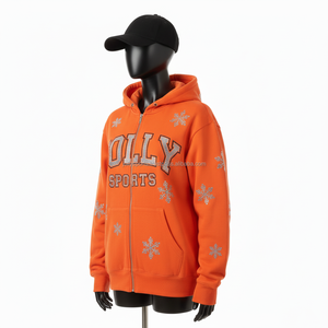 Sudadera con Capucha y Cremallera para Mujer, Felpa GSM, Color Naranja, Diseño de Copo de Nieve con Pedrería, Logotipo Personalizado Bordado, Ropa de Invierno, Sudadera Básica con Cremallera - Product Image 4