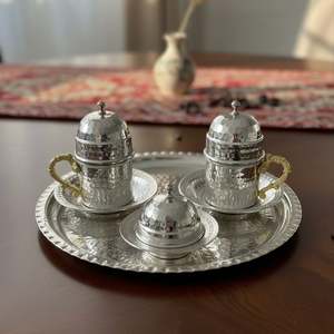 8-<b>Piece</b> Copper Cup <b>Set</b> for <b>2</b> People Oriental Design Style Wedding Gift Includes Lids & Tray - Product Image 3