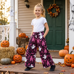 Pantalones Largos de Estilo Chino para Niñas, Marca Longlv, de Pierna Ancha, Estampados con Fantasmas de Dibujos Animados, Color Rosa y Negro, Casuales, Transpirables, de Spandex/Poliéster - Product Image 2