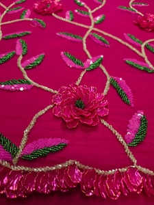 Luxury Hot Pink Net <b>Fabric</b> with 3D Flower Beaded & Sequins Hand Embroidered Heavyweight Weft Knitted Accessory Style - Product Image 4