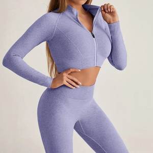 Ensemble de yoga sans couture personnalisé pour femmes, haut court à manches longues et fermeture éclair, pantalon de fitness taille haute - Product Image 4