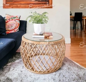 Nouvel arrivage de tabouret ottoman en rotin fait main table basse en bois avec dessus en verre trempé et console en incrustation d'os pour le salon - Product Image 6