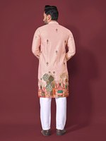 Kurta traditionnel pour homme, coupe ajustée et taille régulière, en tissu coton-rayonne, broderie sur les deux côtés, manches longues, motif, longueur genou, sans plis