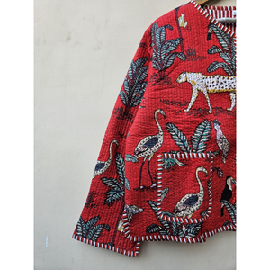 Chaqueta Reversible de Algodón Acolchado de Alta Calidad, Ecológica, con Cuello en V, para Mujer, con Estampado Único de Animales de la Selva y Rayas, Lino y Cachemira - Product Image 2