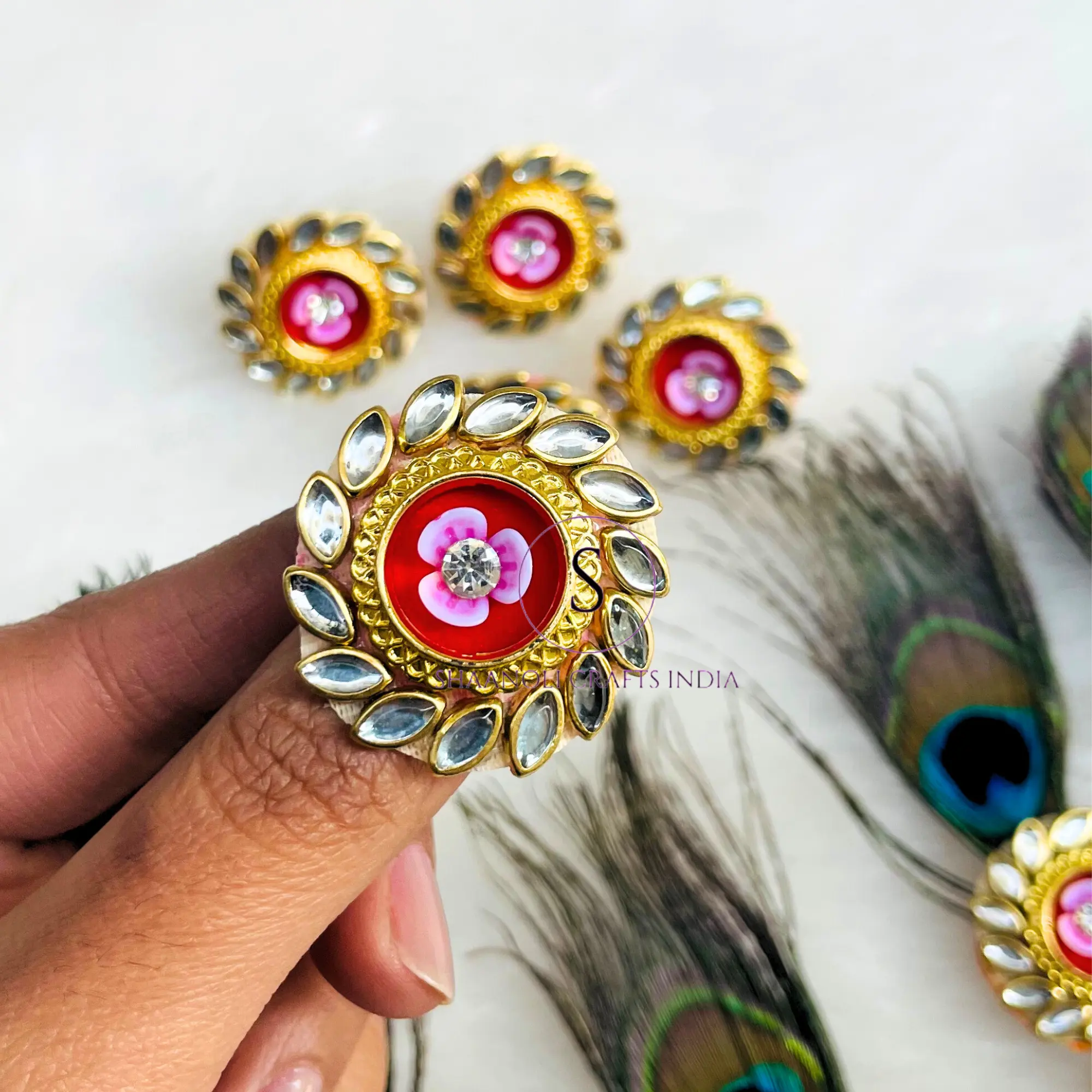 Mới Đến Handmade Brass Kundan Làm Việc Wedding Favour Nhẫn Handmade Nhân Tạo Haldi Sangeet Đồ Trang Sức