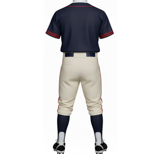 Ensemble uniforme de baseball professionnel bleu marine et crème, maillot à boutons complets avec passepoil contrasté et pantalon de sport à bande latérale assortie - Product Image 3