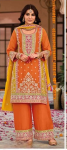 Traje de Chinon de algodón paquistaní indio de diseñador con trabajo de bordado Premium Plazzo & Dupatta para bodas y eventos especiales - Product Image 3