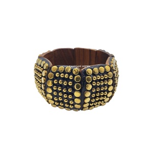 Chunky Geometric <b>Elastic</b> Wood <b>Bracelet</b> Hand-Carved Wooden Bangle with Brass and Steel Studs, Boho Tribal Style Fashion Jewelry - Product Image 6