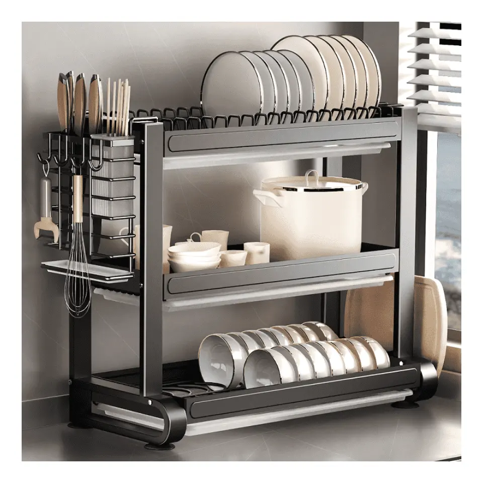 Wholesale Kitchen Dish Drainer 3 Layer Organizer Black Countertop Dish Rack Spice Rack