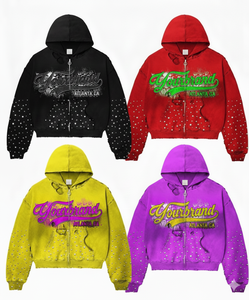 Sweat à capuche court avec strass lourds, style streetwear, vintage, délavage acide, impression personnalisée, sweat à capuche zippé délavé - Product Image 1
