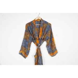 Wholesale Summer 100% Silk V-neck Drawstring Closure Soft Robe Hand Stitched Kimono Belt Boho Floral Unisex Bathrobe Women's - Product Image 2