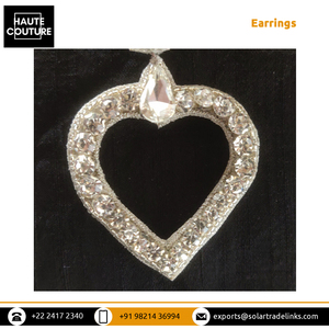 Handcrafted Hand Embroidered <b>Silver</b> Crystal Dangling <b>Heart</b> Pendant Statement <b>Earrings</b> with <b>Silver</b> Miyuki Beads - Product Image 5