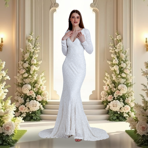 ชุดเดรสสีขาวสำหรับเจ้าสาวผ้าโพลีเอสเตอร์เนื้อนุ่มพิเศษพร้อมดีไซน์ทันสมัยและแขนยาวเต็มตัวสำหรับแต่งงาน - Product Image 4