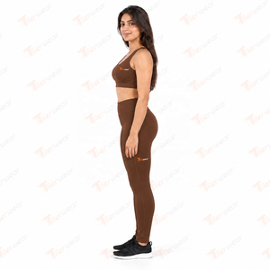 Women Yoga Set High Waist <b>Leggings</b> and Racerback Sports Bra <b>Brown</b> 2 Piece Set Breathable Spandex Polyester Full Length - Product Image 3