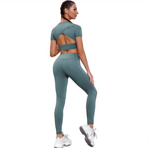 Conjunto de Yoga de alta calidad hecho a medida para mujer, ropa activa, sin costuras, transpirable, patrón sólido, cintura elástica, posicionamiento frontal del logotipo - Product Image 5
