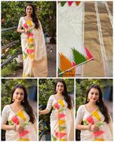 Saree à tisser en soie douce pure avec bordure de contraste de travail en fil d'or pur avec chemisier en brocart Saree de fête traditionnelle