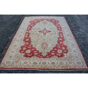 Alfombra de lana turca Vintage de 6,7x9,4 pies, área grande, tradicional, rojo, Beige, patrón de retazos, látex de 10mm para habitación de pasillo de adolescentes - Product Image 1