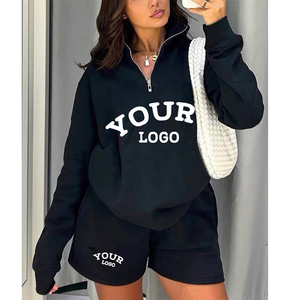 Venta al por mayor de ropa deportiva, trajes de chándal corto logotipo personalizado para mujer 2 piezas de media cremallera Conjunto de sudadera y pantalones cortos - Product Image 1