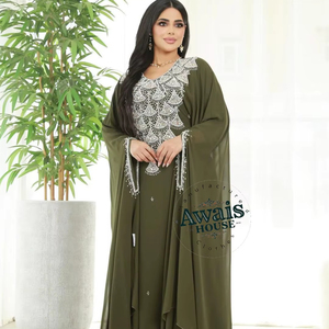 Caftán Abaya Étnico Ligero para Mujer, Talla Grande, Largo hasta el Suelo, con Cuentas Hechas a Mano, Lentejuelas, Dobladillo Acampanado, Cuello Alto, Georgette, para Oraciones del Eid - Product Image 1