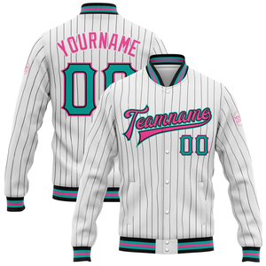 Direct Industry Wholesale Casual Winter Custom White Black Pinstripe Aqua-Pink Bomber Full-Snap Varsity Letterman Jacket - Product Image 1