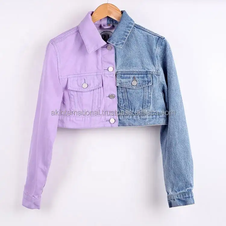 Topkwaliteit Trending Fashion Color Block Patch Werk Roze Blauw Cropped Cut Up Crop Top Custom Denim Jeans Jasje Dames Voor Dames