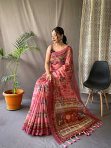 SAREE DE ALGODÓN MALAI PURO CON ESTAMPADOS KALAMKARI Y PALLU DE CONTRASTE CON BORLAS Y BLUSA DE CONTRASTE SAREE - Product Image 3