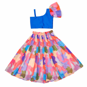 Robe de fête indienne pour tout-petits, Shoryam Fashion Girls, choli en soie bleue sans manches, jupe en organza à imprimé évasé, lehenga - Product Image 1