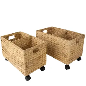 Vietnamese wholesale water hyacinth wheeled underbed storage basket with lid for home organizing