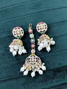 Bijoux indiens plaqué or cristal Floral Maang Tikka boucles d'oreilles ensemble de bijoux de mariée pour femmes indien boucle d'oreille Tikka bijoux - Product Image 2
