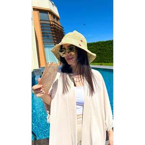 Beige Wide Brim Hand-Knitted Straw <b>Hat</b> with Cherry Pattern, Stylish and Elegant Accessory, Sun Protection HSR2098 - beige2098 - Product Image 4
