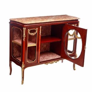 Aparador de Madera de Lujo con Tapa de Mármol, Vitrina Central Circular, Detalles de Latón, Estilo Antiguo Francés - Product Image 3