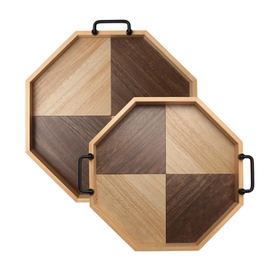 Plateau ovale en bois d'acacia avec poignées en laiton doré Plateau pour servir les aliments à l'hôtel Fait à la main - Product Image 6