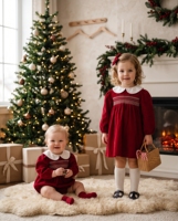 Ensemble Robe Smockée de Noël et Barboteuse Assortie pour Bébé Jiefute – Tenue Frangère Rouge Style Espagnol Vintage pour Fêtes de Fin d'Année