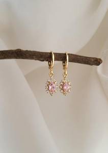 Boucles d'oreilles créoles en argent 925 plaqué or avec quartz rose, style vintage, cadeau pour elle, boucles d'oreilles en quartz - Product Image 5