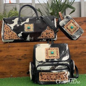 Mochila de hombro a la moda para mujer, bolso de mano personalizado de cuero de vaca genuino y neceseres, conjunto combinado de 3 piezas a la moda - Product Image 1