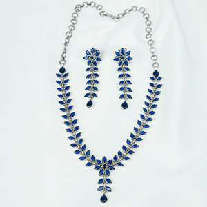 Ayushi Delicate Blue Flower Silver Necklace <b>Set</b> with Earrings for Party Occasions - Product Image 5