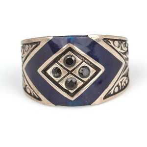 Men's 925 Sterling Silver Geometric Pattern <b>Ring</b> with <b>Black</b> Enamel Natural Round Stones Bezel Setting Inlay Gift - Product Image 5