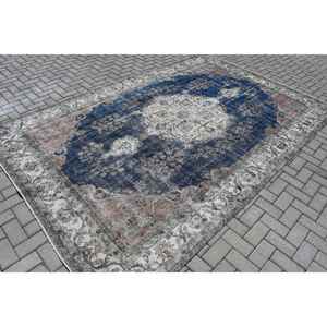 Tapis turc vintage surdimensionné 7,1x11,1 pieds, tapis en laine bleu et blanc à imprimé animal - Product Image 2