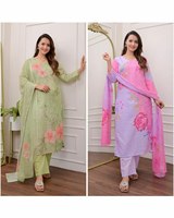 Style actrice de série TV tissu de soie pure col en V broderie fantaisie imprimé floral couleur vive vêtements de fête ensemble Kurti traditionnel