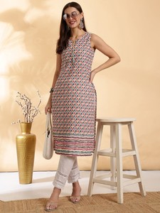 Mujeres étnicas geométricas impresas Chikankari algodón regular Kurta indio pakistaní kameez - Product Image 2