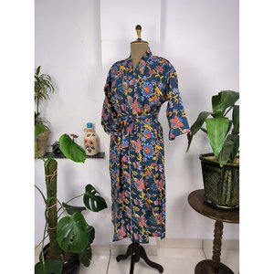 Boho-Hausrobe Indischer Handbedruckter Baumwoll-Kimono Mit Roten Wildblumen Perfekt Fr Den Sommer Luxurise Strandferien Plus - Product Image 5