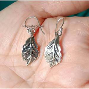Handmade 925 Sterling Silver Dangle Drop Earrings Women's Boho Silver <b>Leaf</b> Design Unique Plant Pattern Gift - Product Image 1