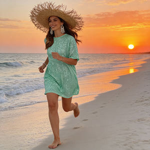 Article populaire Temu Robe tunique de printemps coupe trapèze vert clair à sequins et manches évasées, en tissu brillant et scintillant, taille naturelle, décontractée, écologique - Product Image 3